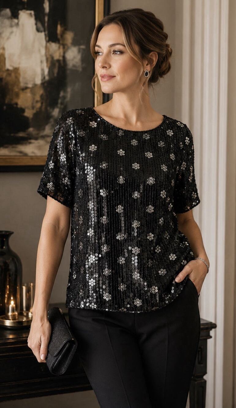 Vintage Silk Beaded Sequin Top Black Silver Large JLB Paris India Cocktail